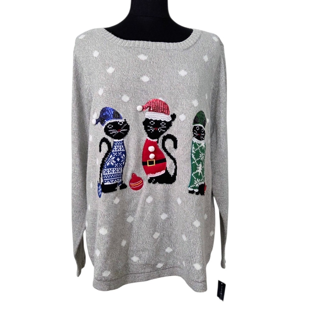NWT Karen Scott‎ Plus Size 2X Kitty Cat Christmas Holiday Sweater Top Polka Dots